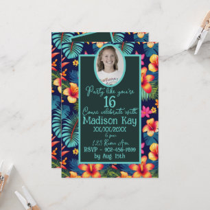 Sweet 16 Tropical Collage Hibiskus Deep Blue Einladung