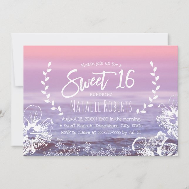Sweet 16 Tropical Floral Elegant Pink Beach Einladung (Vorderseite)