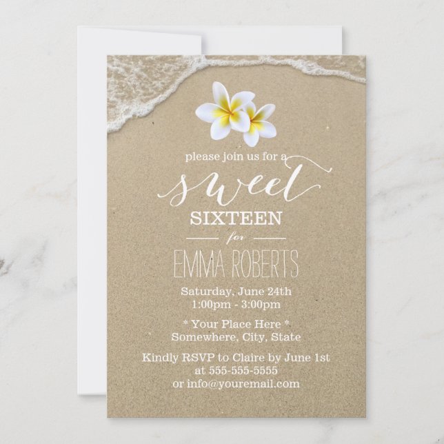 Sweet 16 Tropical Plumeria Beach Elegant Einladung (Vorderseite)