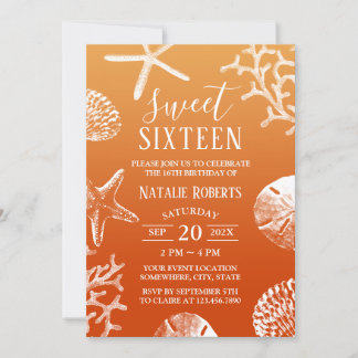 Sweet 16 Tropical Sunset Beach Starfish & Seashell Einladung
