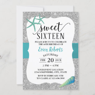 Sweet 16 türkise Strand Starfish Modernes Silber Einladung