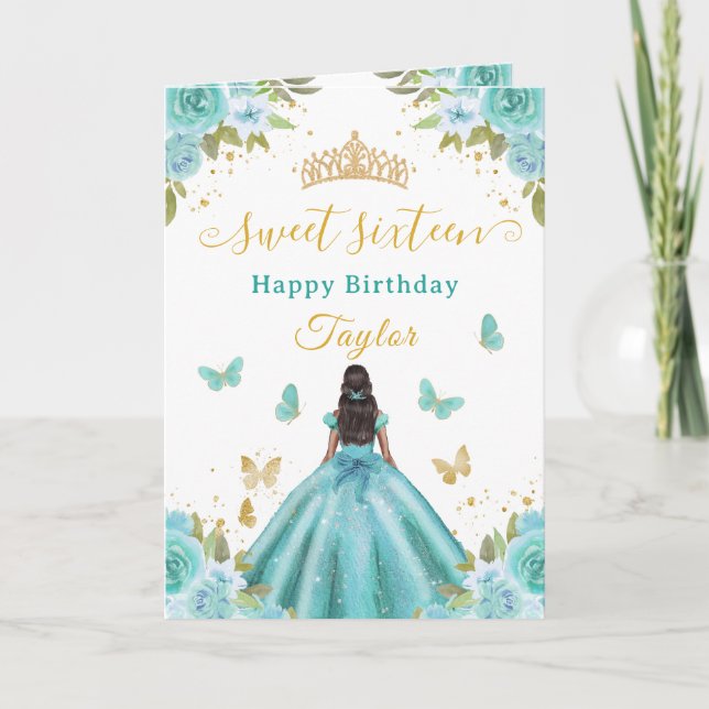 Sweet 16 Turquoise Princess African American Girl Karte (Vorderseite)