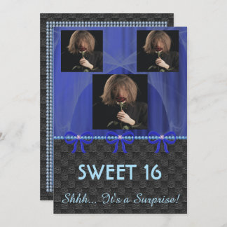 Sweet 16 Überraschendes Party Blau Seide & Perlen  Einladung