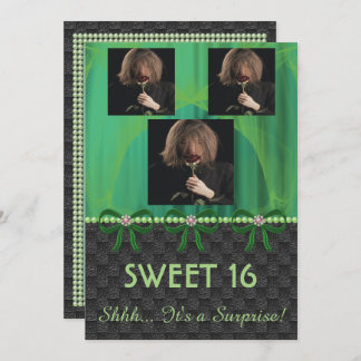 Sweet 16 Überraschendes Party Grüne Seide & Perlen Einladung