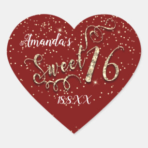 Sweet 16. Unicorn Heart Glitzer Burgundy Confetti Herz-Aufkleber