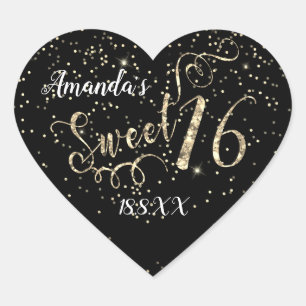 Sweet 16. Unicorn Heart Glitzer Gold Confetti Herz-Aufkleber