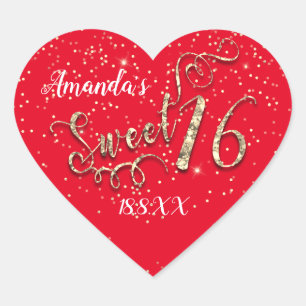 Sweet 16. Unicorn Heart Glitzer RedGold Confetti Herz-Aufkleber