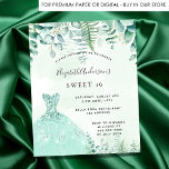 Sweet 16 verzauberte Waldkleidung Einladung Postkarte<br><div class="desc">Eine trendige Einladung zu einer Sweet 16, 16. Geburtstagsfeier, bezauberndes Waldthema. Ein grüner, wasserfarbener Hintergrund mit Farnen und Eukalyptusgrün, ein grünes Kleid. Der Name ist mit einem modernen handgeschriebenen Stilskript geschrieben. Personalisieren Sie Ihre Party-Daten und fügen Sie sie hinzu. Tipp: Wenn Sie es nicht so gewollt haben, dass es wie...</div>