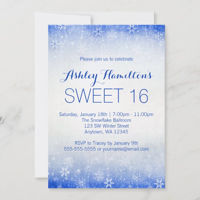 Sweet 16 Vintag Blue Winter Wonderland Einladung (Vorderseite)