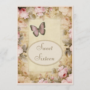 Sweet 16 Vintage Rose Schmetterling & Musiknote Einladung