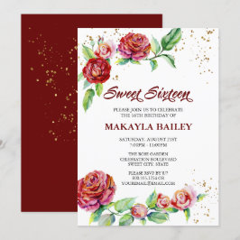 Sweet 16 Vintage Rote Rosen Gold Confetti Floral Einladung