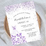 Sweet 16 violett, weiß gekleidet Glitzer Glam Flyer<br><div class="desc">Bitte beachten Sie, dass diese Einladung auf Flyer Papier und sehr dünn ist. Umschläge sind nicht enthalten. Für dickere Einladungen (gleiche Gestaltung) besuchen Sie bitte unseren Shop. Eine moderne, stilvolle und glamouröse Einladung zu einer Sweet 16. Geburtstagsfeier. Auf der Vorderseite ein weißer Hintergrund mit violettem, lila Glitzern, ein violettes Kleid....</div>
