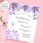 Sweet 16 violett weißes Kleid Blumen Einladung Postkarte<br><div class="desc">Eine moderne, stilvolle und glamouröse Einladung zu einer Sweet 16. Geburtstagsfeier. Auf der Vorderseite: Weißer Hintergrund mit violettem, lila violettem Kleid und Blumenmuster. Der Name ist mit einem modernen handgeschriebenen Stilskript geschrieben. Personalisieren Sie Ihre Party-Daten und fügen Sie sie hinzu. Tipp: Wenn Sie es nicht so gewollt haben, dass es...</div>