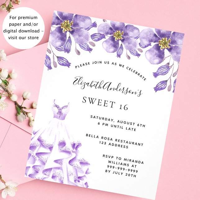Sweet 16 violett weißes Kleid Blumen Einladung Postkarte (Von Creator hochgeladen)