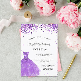 Sweet 16 violett-weißes Kleid Glitzer Einladung