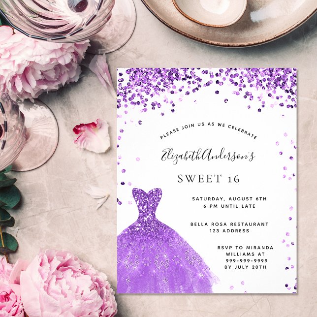 Sweet 16 violett-weißes Kleid Glitzer Einladung Postkarte (Von Creator hochgeladen)