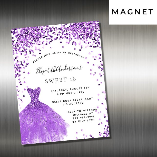 Sweet 16 violett weißes Kleid Glitzer Luxus Magneteinladung (Von Creator hochgeladen)