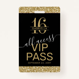 Sweet 16 VIP Access Pass Schwarz und Gold Einladun Ausweis
