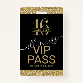 Sweet 16 VIP Access Pass Schwarz und Gold Einladun Ausweis