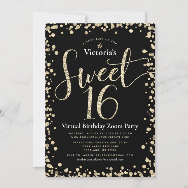 Sweet 16 Virtual Girly Black Gold Glitzer Geburtst Einladung (Vorderseite)