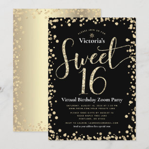Sweet 16 Virtual Girly Gold Black Glitzer Geburtst Einladung