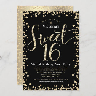 Sweet 16 Virtual Girly Gold Black Glitzer Geburtst Einladung