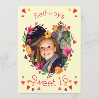 Sweet 16 Watercolor Floral Heart Wreath Foto Einladung