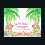 Sweet 16 Watercolor Hawaiian Thema Geburtstag Einladungspostkarte<br><div class="desc">Süße 16 hawaiianische Geburtstagseinladungen in hübschen Aquarellen. Diese hübsche 16 Postkarten-Einladung mit schattigen Palmen und einem Strandbüffet mit rosa und grünen Sonnenschirmen. Für hawaiianische Partys zum Thema Luau gibt es ein Fest mit tropischen Früchten, Cocktails mit Kokosnuss und Ananas, Melonen, rosa Hibiskus und tropische Blume in Gelb. Sweet 16 und...</div>