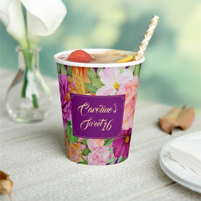 Sweet 16 Watercolor Lila Chic Floral Rose Pappbecher (In Situ)