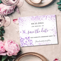 Sweet 16 weißviolette Kleidung Save the Date