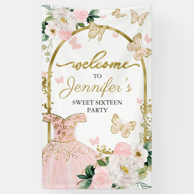 Sweet 16 Welcome Sign Butterfly Blumenkleid Banner (Vertikal)