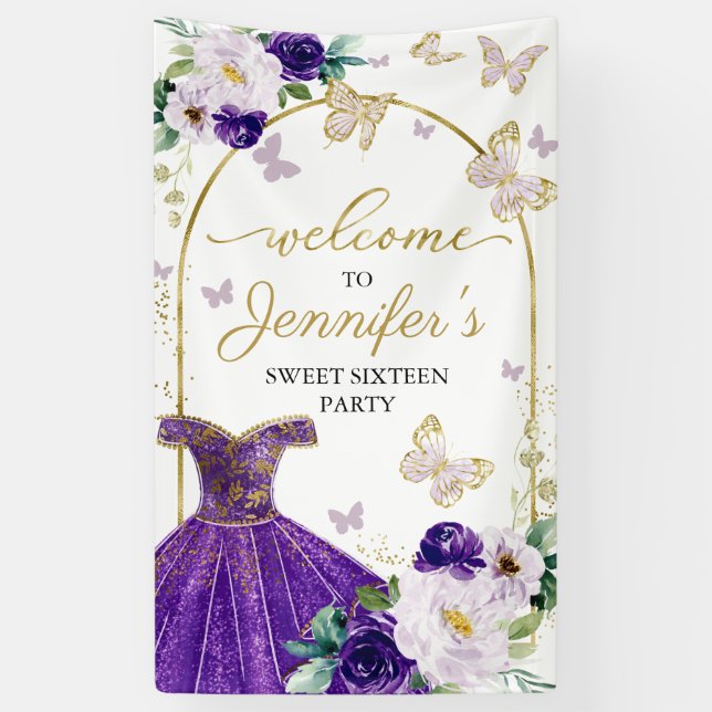 Sweet 16 Welcome Sign Butterfly Blumenkleid Banner (Vertikal)