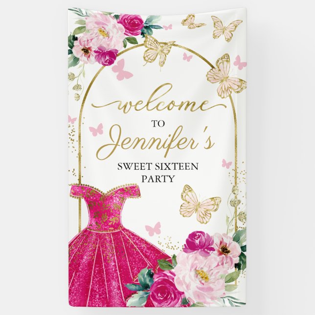 Sweet 16 Welcome Sign Butterfly Blumenkleid Banner (Vertikal)