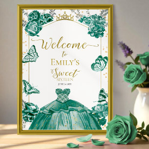 Sweet 16 Welcome Sign Butterfly Green Dress Poster