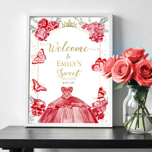 Sweet 16 Welcome Sign Butterfly Royal Blue Dress Poster