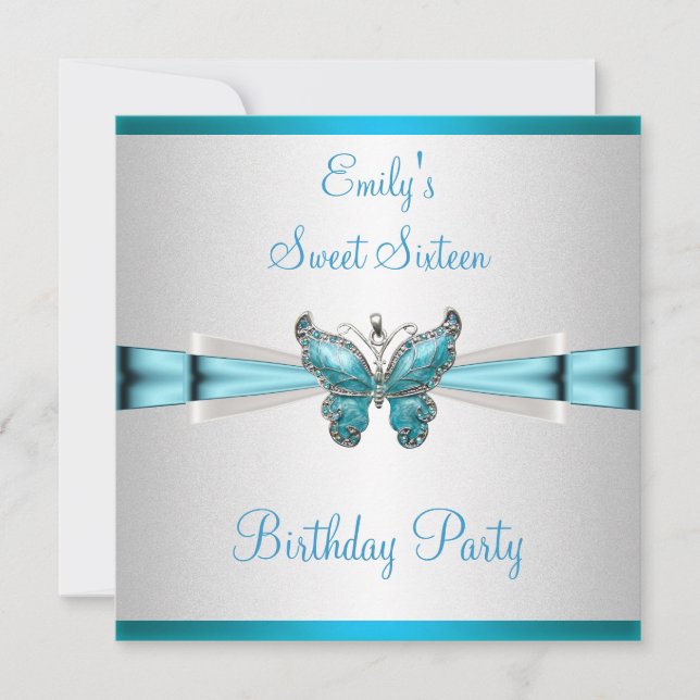 Sweet 16 White Aquamarin Blue Butterfly Geburtstag Einladung (Vorderseite)