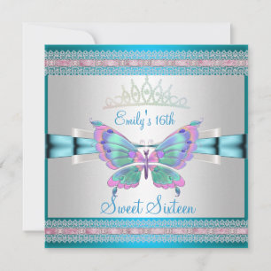 Sweet 16 White Aquamarin Blue Pink Butterfly Einladung