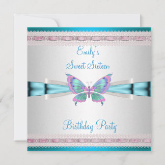 Sweet 16 White Aquamarin Blue Pink Butterfly Gebur Einladung