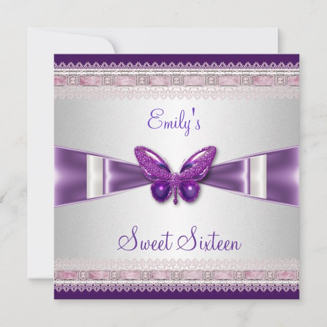 Sweet 16 White Lila Butterfly Einladung (Vorderseite)