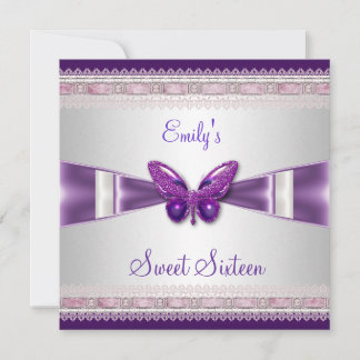 Sweet 16 White Lila Butterfly Einladung