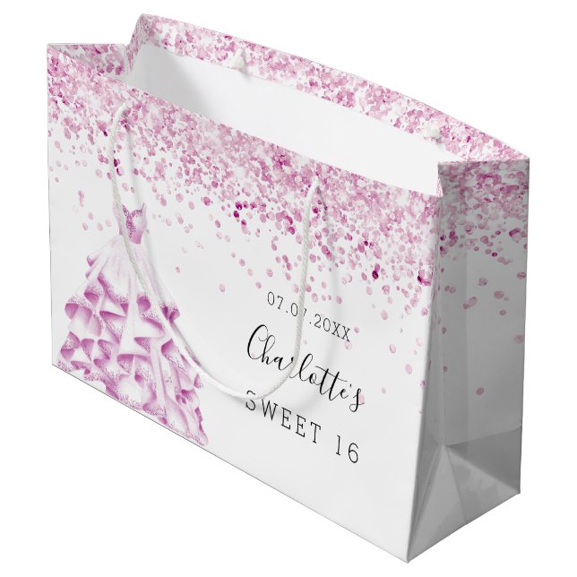 Sweet 16 white pink Glitzer Kleidername Große Geschenktüte (Rückseite Schrägansicht)