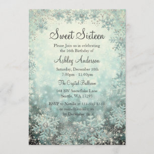 Sweet 16 Winter Wonderland Aquamarine Schneeflocke Einladung
