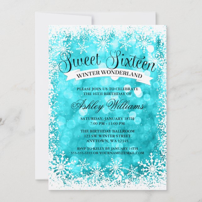 Sweet 16 Winter Wonderland Aquamariner Glitzer Lig Einladung (Vorderseite)