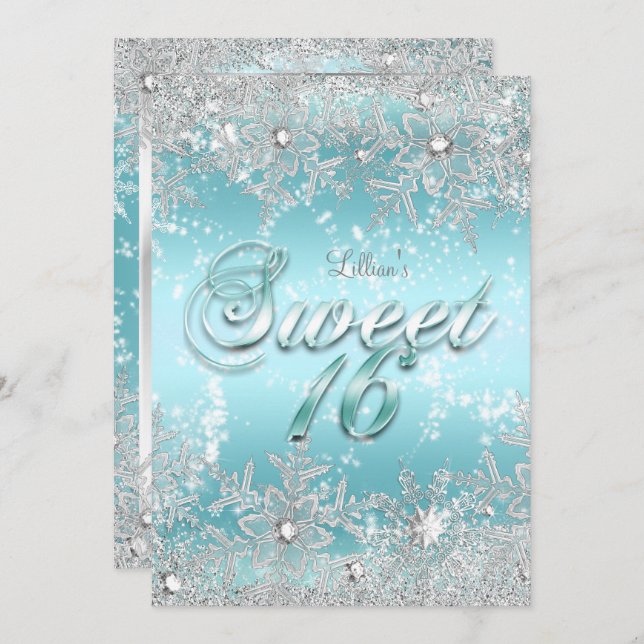 Sweet 16 Winter Wonderland Blaue Aquamarine Schnee Einladung (Vorne/Hinten)