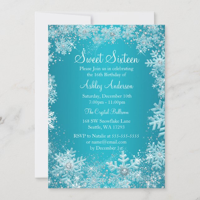 Sweet 16 Winter Wonderland Sparkle Schneeflocken Einladung (Vorderseite)