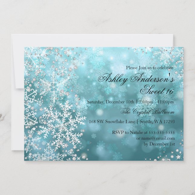 Sweet 16 Winter Wonderland Sparkle Schneeflocken Einladung (Vorderseite)