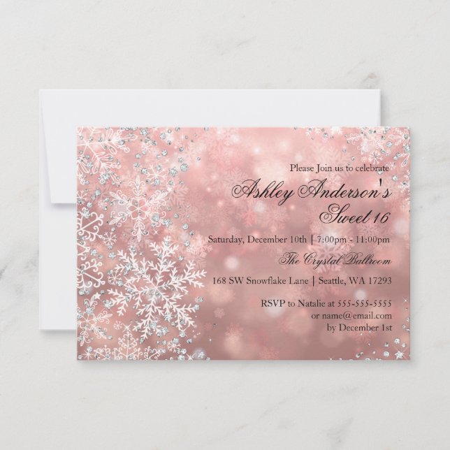 Sweet 16 Winter Wonderland Sparkle Schneeflocken RSVP Karte (Vorderseite)