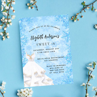 Sweet 16 Winter Wunderland hellblaues weißes Kleid Einladung