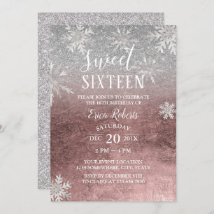Sweet 16 Winterschneeflocken Rose Gold & Silber Einladung