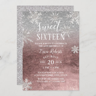 Sweet 16 Winterschneeflocken Rose Gold & Silber Einladung